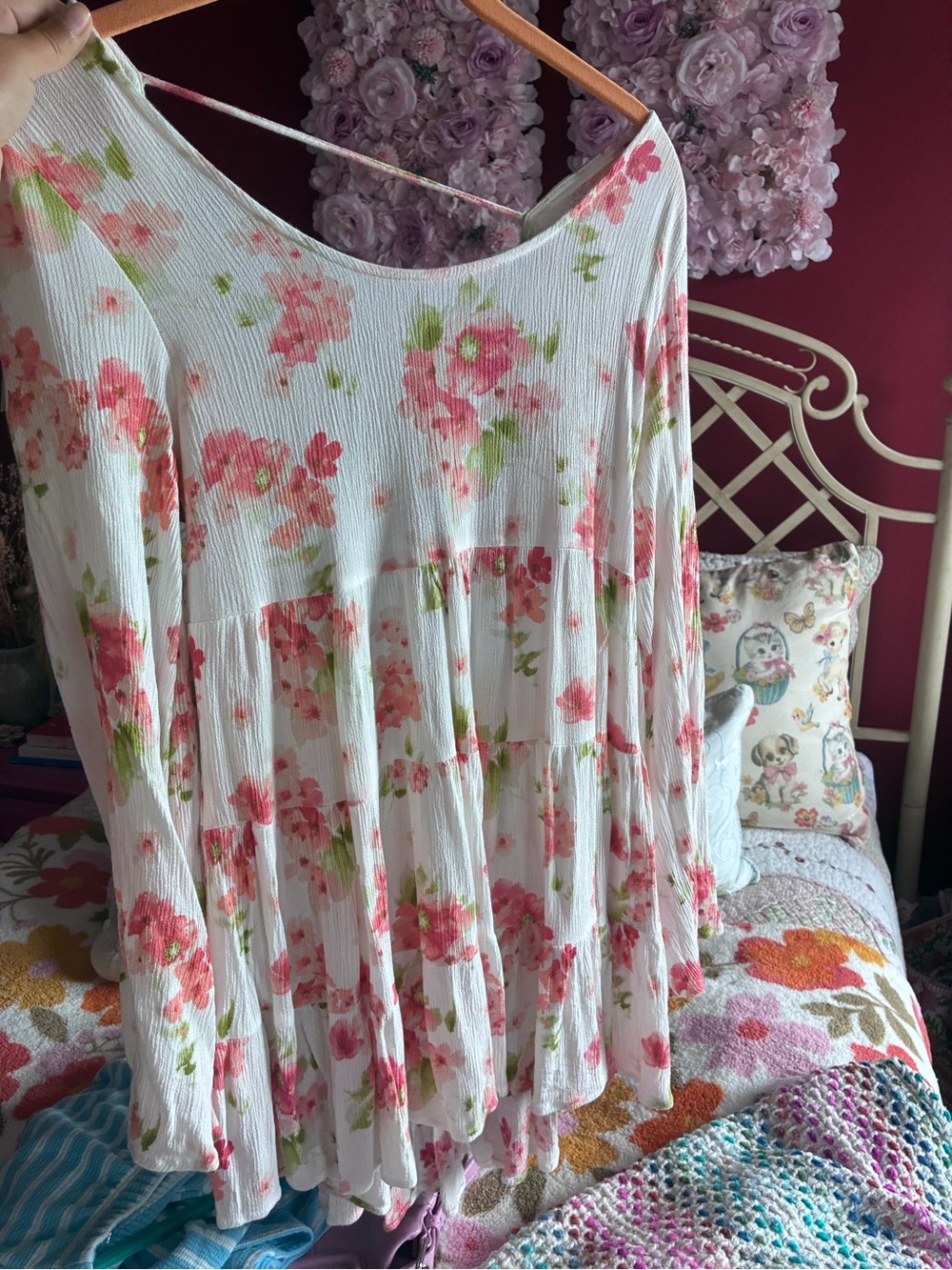 Floral Scoop Neck Tiered Women's Top or Dress- White with Pink Floral